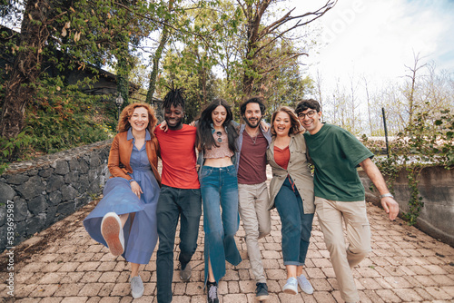 Canvastavla group of happy expats students abroad walking having fun