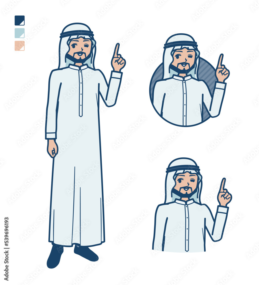 白い衣装を着たアラビア人男性が指差ししているイラスト