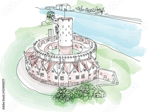 Medieval Wisloujscie Fortress with old lighthouse tower in port of Gdansk, Poland. A unique monument of the fortification works. Vector illustration