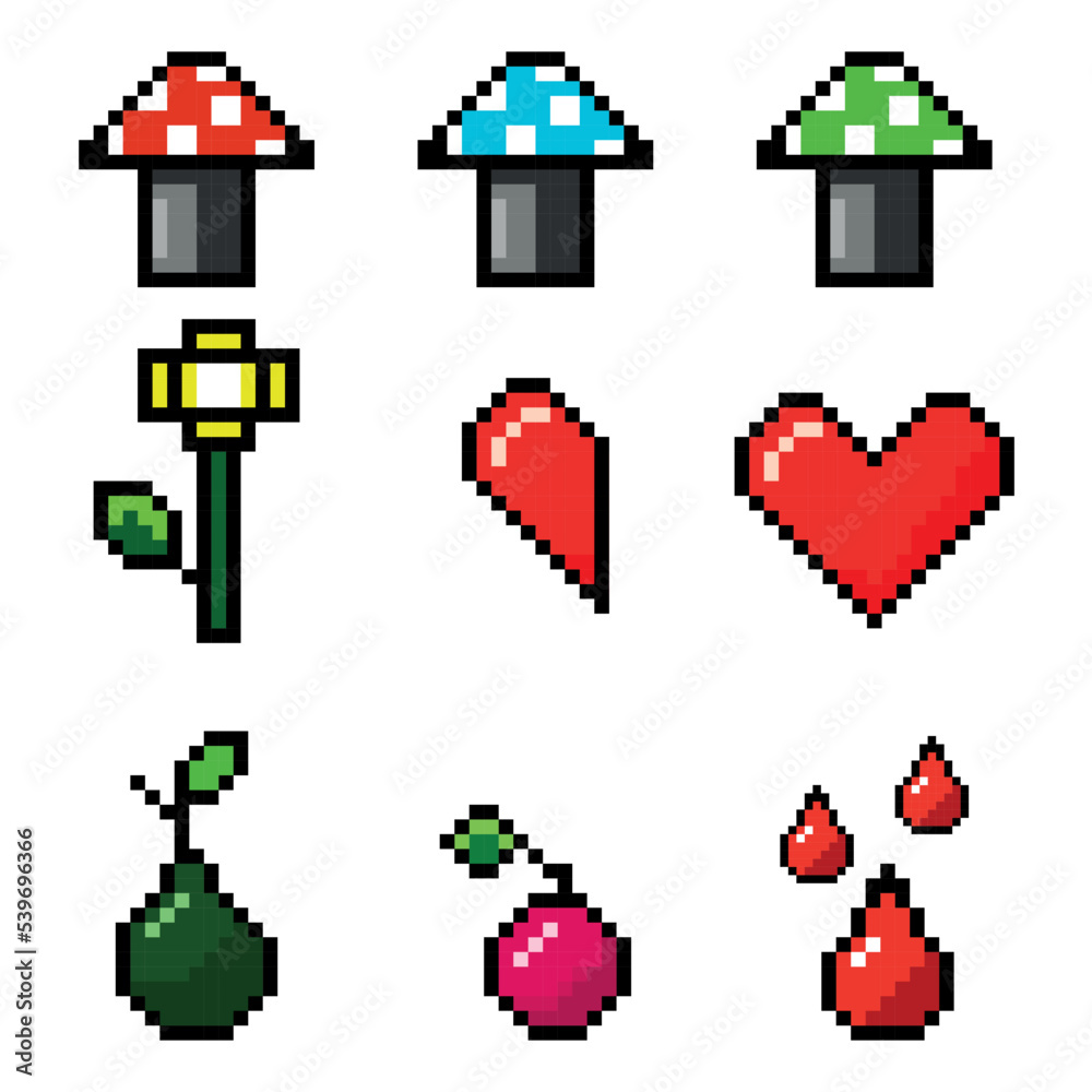 Collection of pixel objects used in games vector illustration