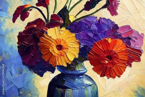 Fototapeta Oil painting depicting still life of flowers in vase