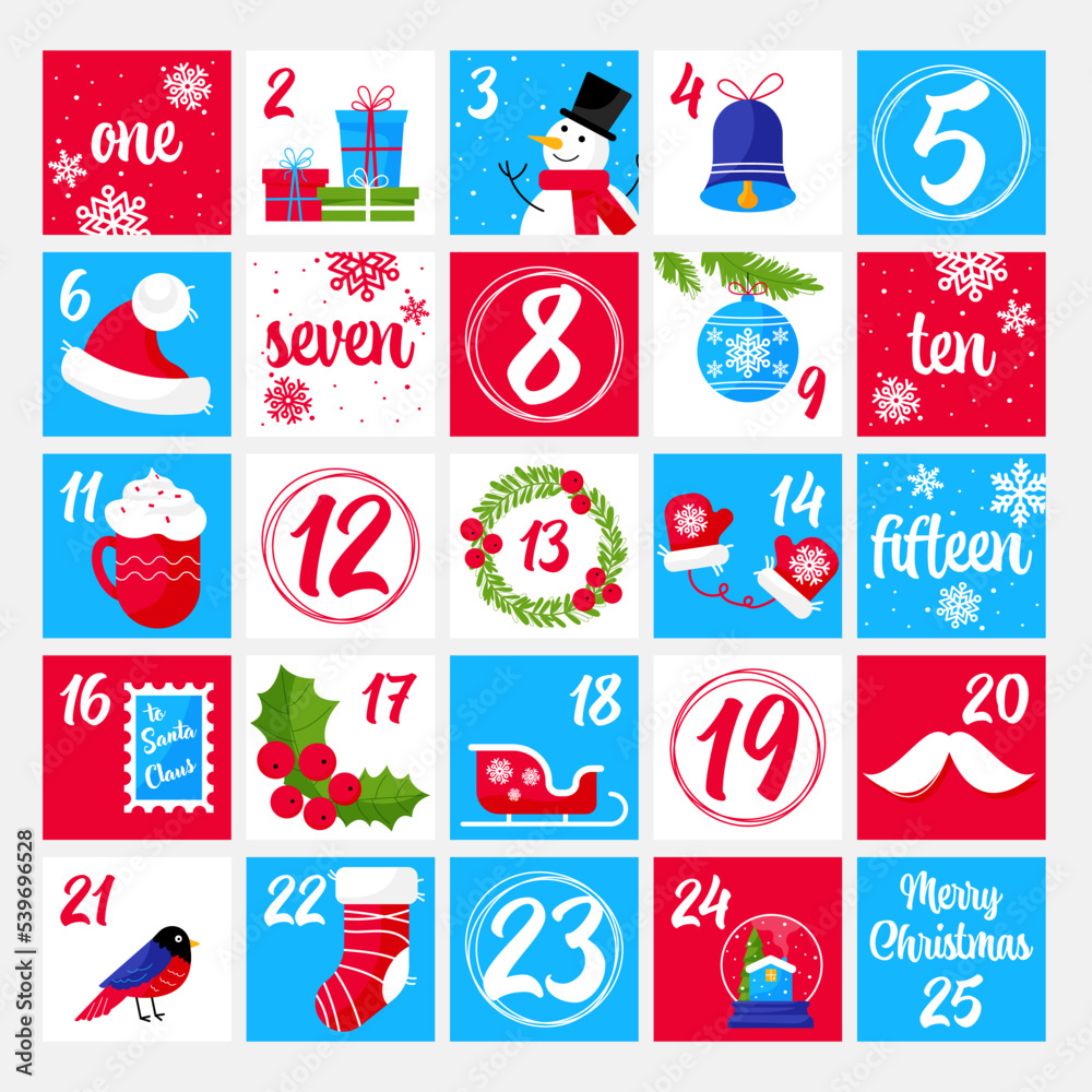 Christmas advent calendar with numbers for counting down the December days  until celebration. Winter holidays calendar with Christmas decoration  elements and dates. Flat vector illustration. Stock Vector | Adobe Stock
