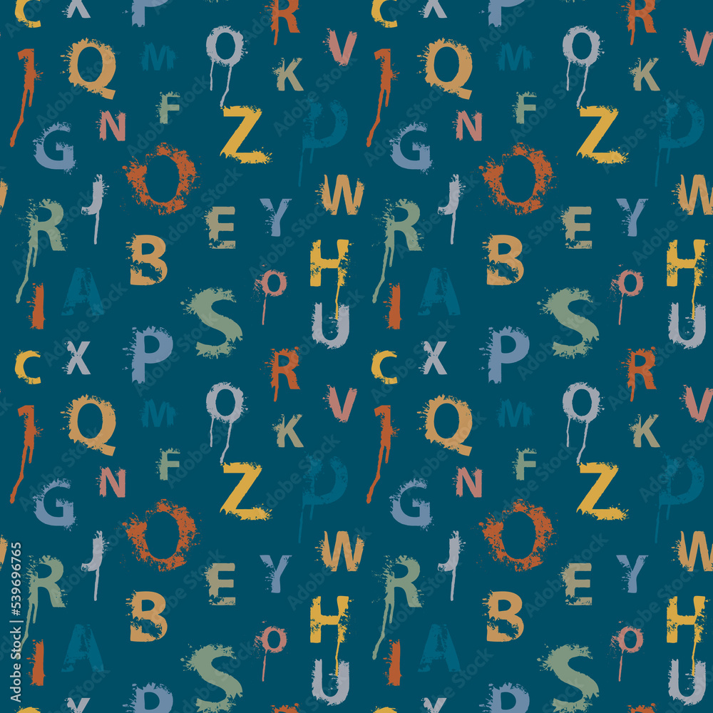 Seamless pattern with alphabet letters in form of colored paint splashes and blots. Abstract vector background with latin letters. Suitable for wallpaper, wrapping paper or fabric