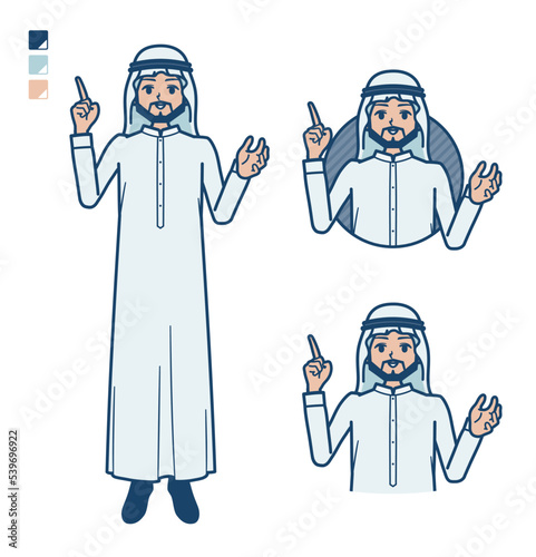 白い衣装を着たアラビア人男性が話しているイラスト