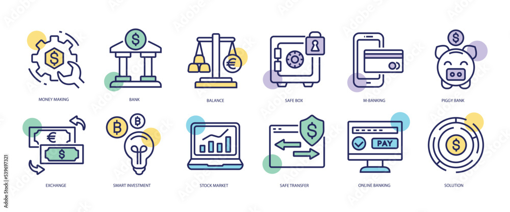 Set of linear icons with Banking and Finance concept in purple, yellow on blue colors. Icons depicting components of banking system. Vector illustration.