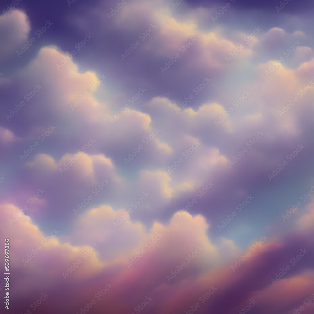 Dream Sky Heaven Cloudscape Background, Watecolor Painting Elegant Textured Effect. Fantasy Layer for Sky Replacement, Magic Pastel Soft and Vibrant Colors.