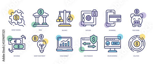 Set of linear icons with Banking and Finance concept in purple, yellow on blue colors. Icons depicting components of banking system. Vector illustration.