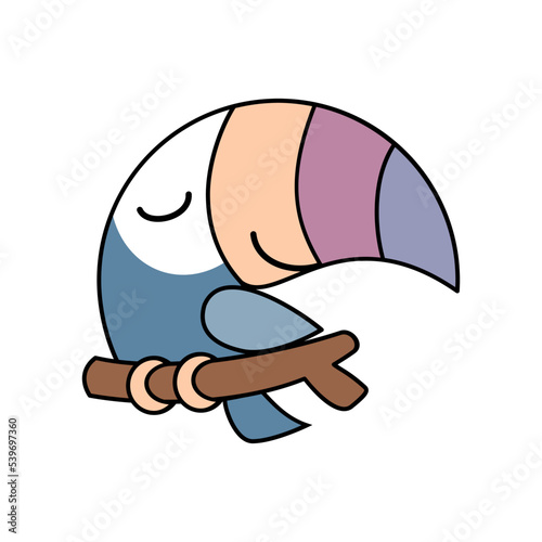 Cute colorful blue toucan bird on a branch. Kawaii drawing with an outline. Adorable cartoon character. Children print design element. Happy exotic bird smiling. Vector illustration, flat, clip art.  
