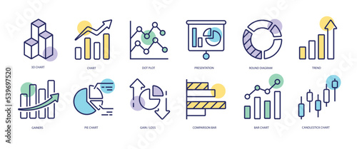 Set of linear icons with Diagram concept in purple, yellow on blue colors. Icons in the form of various diagrams. Vector illustration.