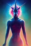 Hyper-realistic vertical illustration of a fantastic unicorn against the bright blue background