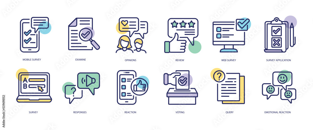 Set of linear icons with Survey concept in purple, yellow on blue colors. Icons present different types of online and paper survey. Vector illustration. - obrazy, fototapety, plakaty 