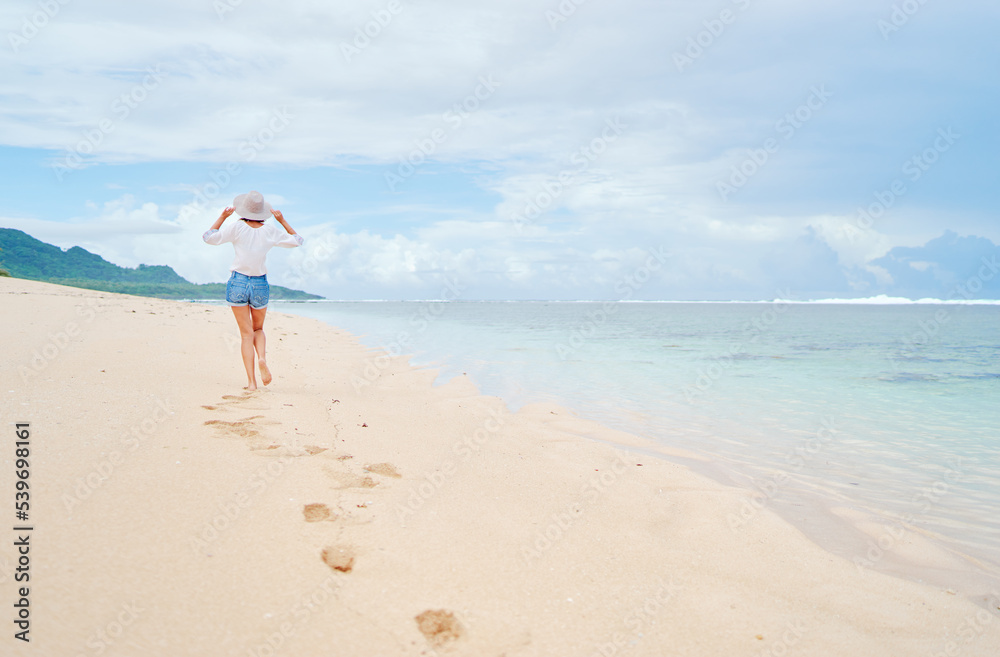 Vacation on the seashore. Back view of young woman walking away on the beautiful tropical white sand beach. Vacation on the seashore. Back view of young woman walking away on the beautiful tropical white sand beach.