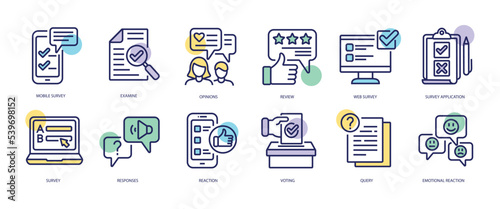 Set of linear icons with Survey concept in purple, yellow on blue colors. Icons present different types of online and paper survey. Vector illustration.
