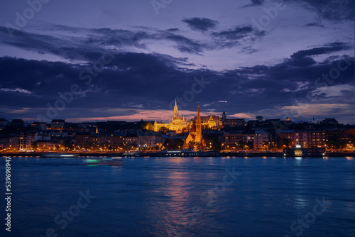 Danube River at blue hour twilight in city of Budapest  Hungary 