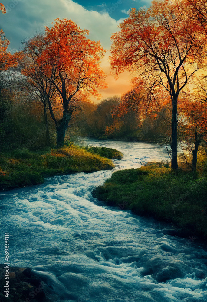 inding river and lively trees in the mountains. Photorealistic 3d render. inding river and lively trees in the mountains. Photorealistic 3d render.