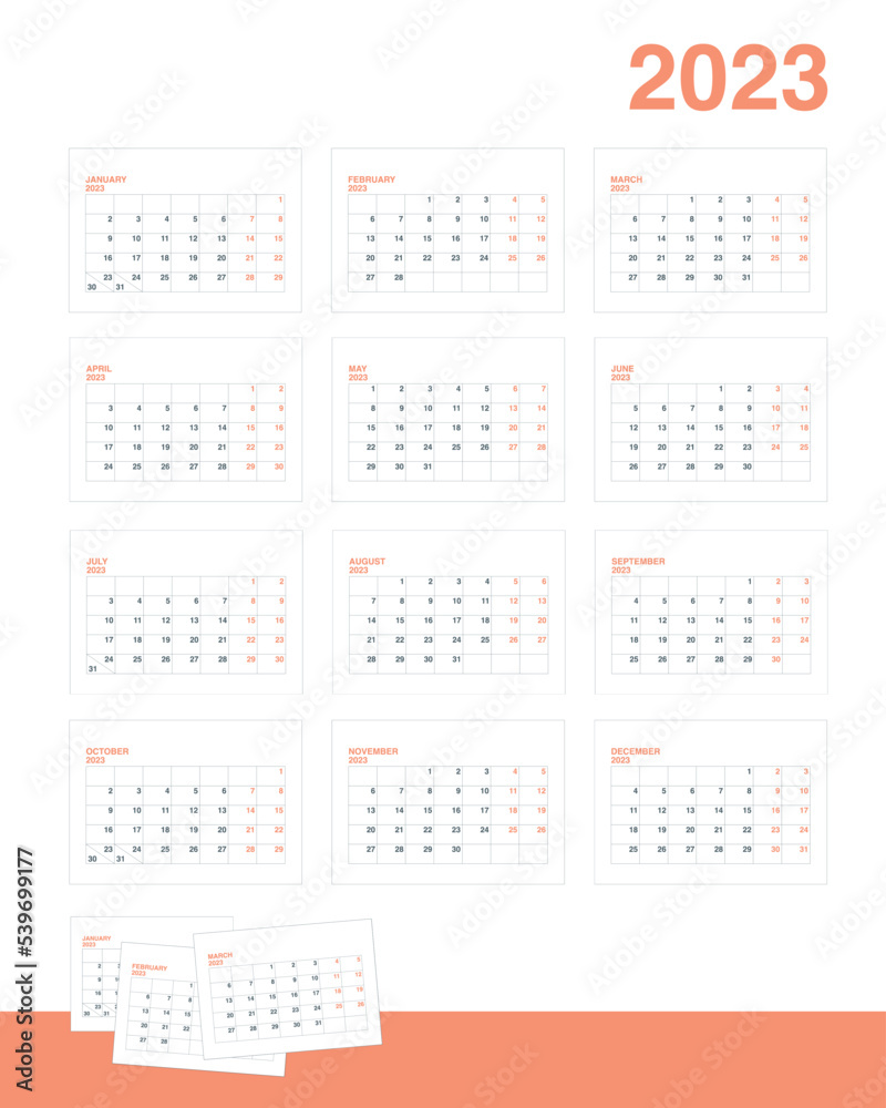 Monthly calendar grid 2023. A set of 12 pages of A5 calendar months horizontal. Vector illustration Monthly calendar grid 2023. A set of 12 pages of A5 calendar months horizontal. Vector illustration