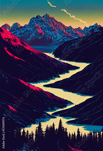 Winding river in the mountains. Vivid 3d illustration