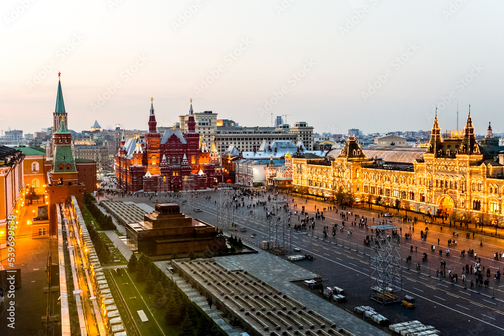 Panorama of the Red Square in Moscow Russia. View from Kremlin wall and tower