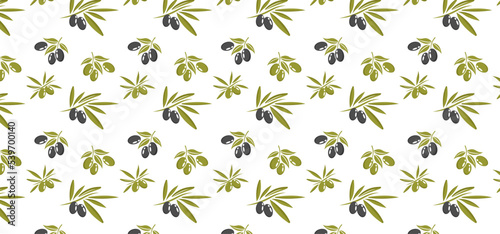 Seamless pattern olive. Olive tree, branches and drop. Black olives. Green olives. 