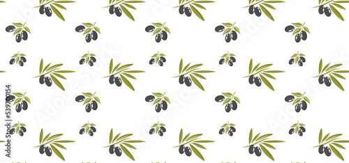 Seamless pattern olive. Olive tree, branches and drop. Black olives. Green olives. 