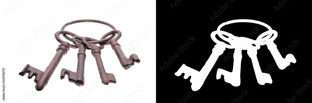 Old rusty keys isolated on white background with clipping mask and path Old rusty keys isolated on white background with clipping mask and path