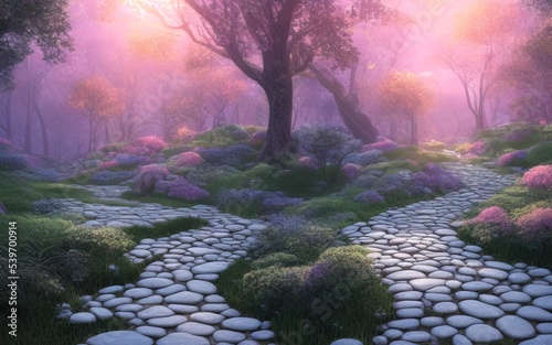 Stone path in a fantasy mystic forest. Soft sunlight, mysterious haze. Fairytale wallpaper. 3D render.