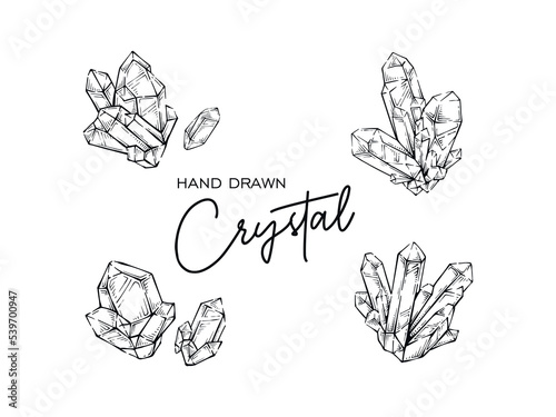Collection of quartz crystal hand drawn vector illustration element mineral gemstone detailed sketch drawing
