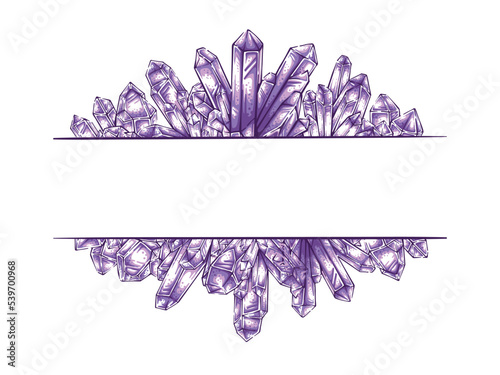 Hand drawn amethyst crystal frame illustration for invitation, logo, flyer, and banner with purple quartz shining gemstone mineral