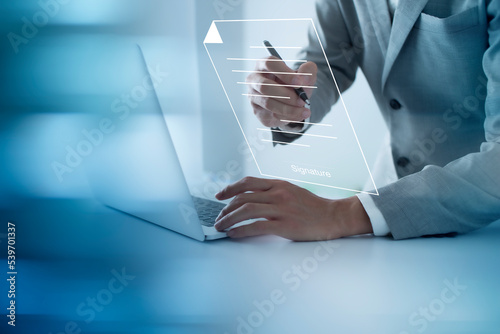 Businessman, work from home, handling documents, E-signing, signing digital contracts electronic signing electronic signature through internet technology document data management smart contract