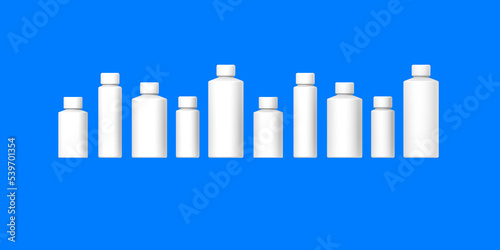 White cosmetic bottles isolated on blue background. Packaging of cosmetics. Ten containers for cosmetics. Horizontal image. Banner for insertion into site. 3d image. 3D visualization.