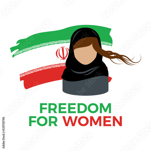 Freedom for iranian women vector. Iranian woman with flowing hair icon vector isolated on a white background. Iran women protest graphic design. Woman and Iranian grunge flag design element photo