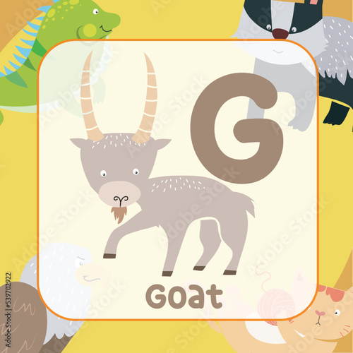 Animals alphabet flashcard for toddlers. Learning card introducing letters to children through game card. Cute animal vector design. 