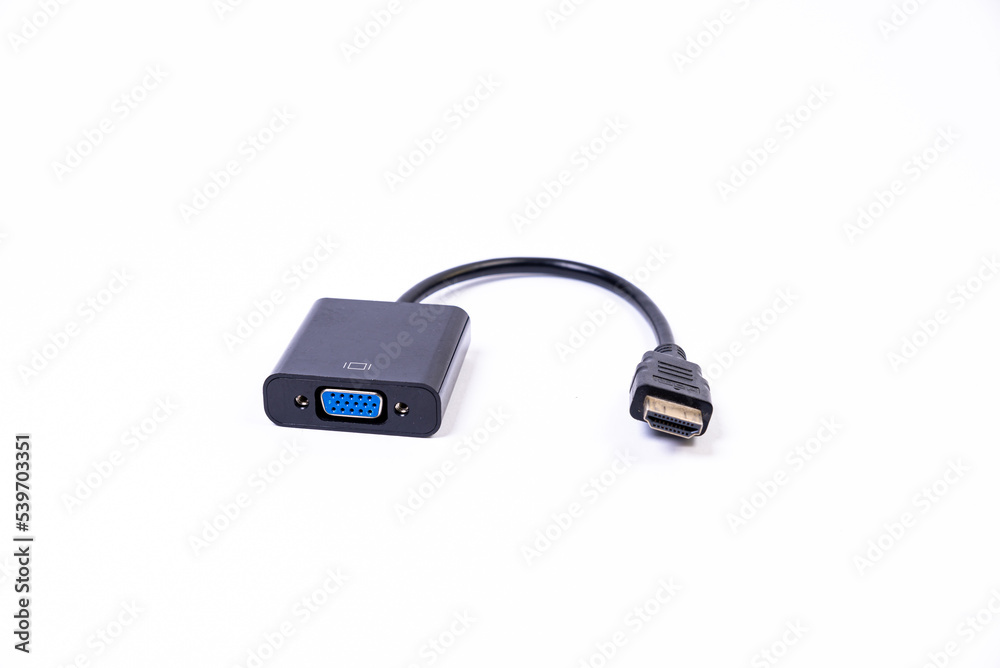 various converter cables adapters for computers and smartphones HDMI VGA USB DVI DP isolated on white various converter cables adapters for computers and smartphones HDMI VGA USB DVI DP isolated on white
