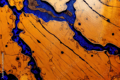 Marble wooden table with epoxy resin blue, Top view of wood. abstract art background. Casting epoxy resin Stabilizing persimmon burl wood. 3D Rendering