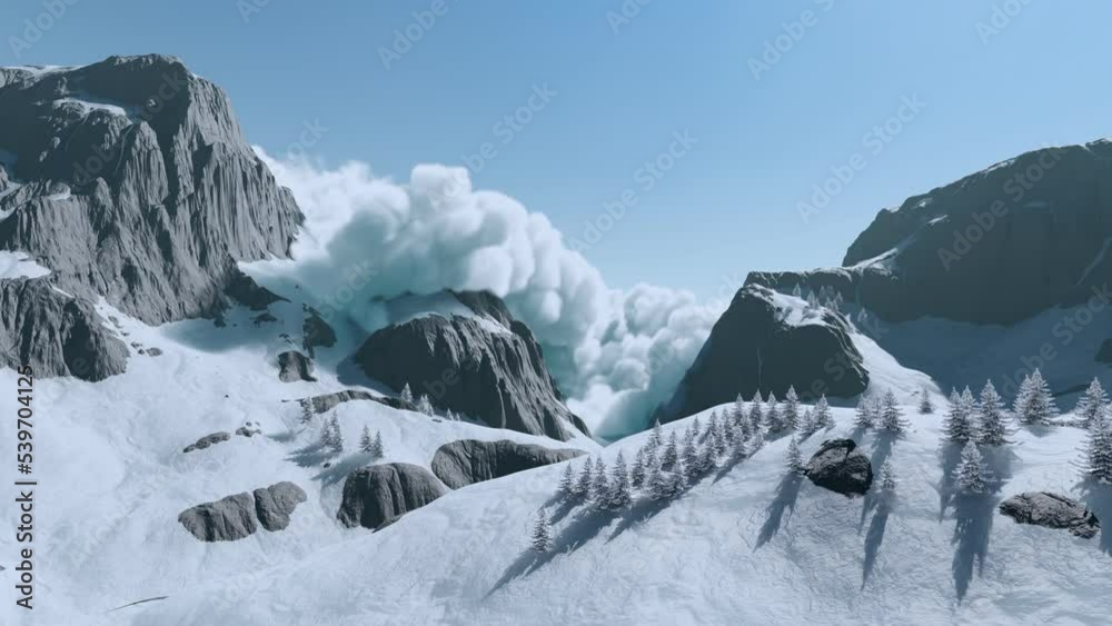 Avalanche slides rapidly down the mountainside during a day. 4K render