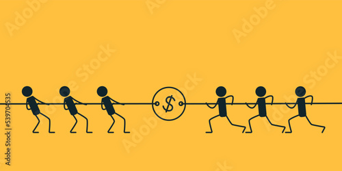 Tug of war. Fighting for money. Vector illustration on a yellow background.