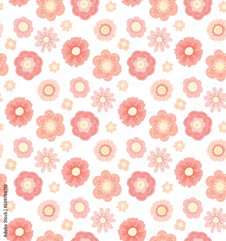 Delicate vector pattern with small hand drawn flowers on a white background. Flat pastel floral texture for nursery fabrics and wallpapers