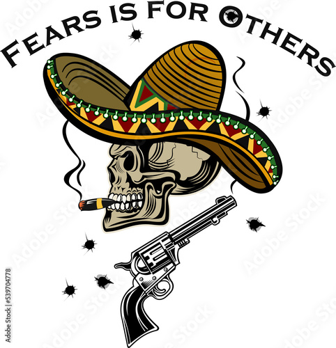 mexican skull with sombrero and gun