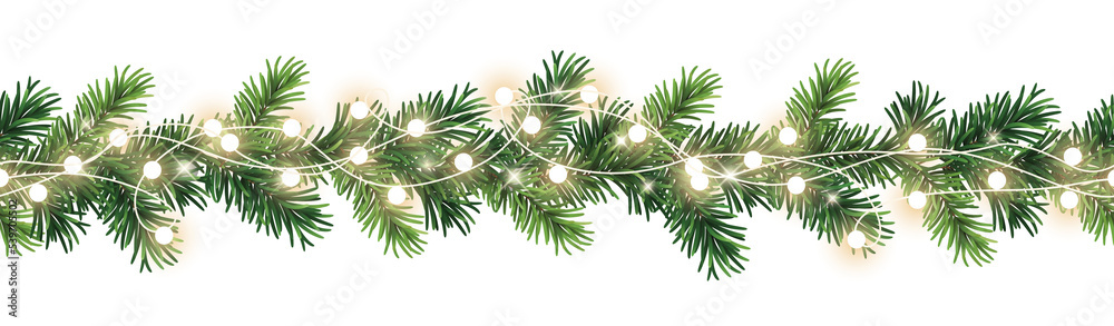 Seamless decorative christmas border with lights garland and coniferous branches isolated on transparent background - obrazy, fototapety, plakaty 