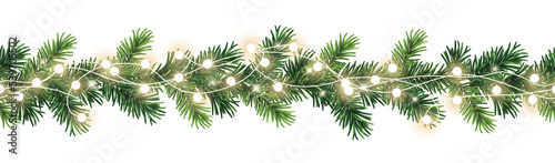 Fotografia Seamless decorative christmas border with lights garland and coniferous branches