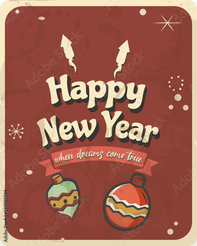 Vintage style greeting card Happy New Year Editable  grunge effects can be easily removed for a brand new  clean sign.