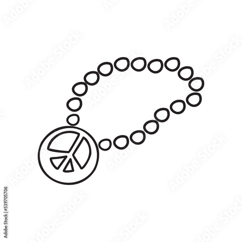 Retro hippie necklace with hand drawn peace sign. Nice nostalgic vintage. Doodle style. Line art design element. Vector black and white illustration isolated on white background. Tattoo sketch.