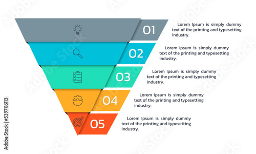 Sales funnel with 5 steps or parts. Marketing infographic. Business conversion pyramid or diagram. Cone chart template. Vector illustration.