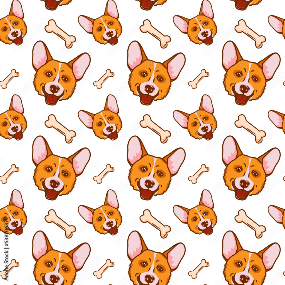 Fototapeta premium Cartoon pattern with the image of a dog's head of a red corgi on a white background with the addition of treats, bones. Vector illustration