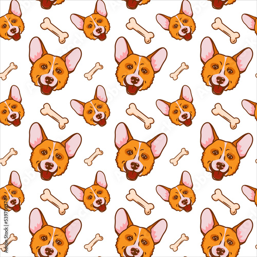 Cartoon pattern with the image of a dog's head of a red corgi on a white background with the addition of treats, bones. Vector illustration