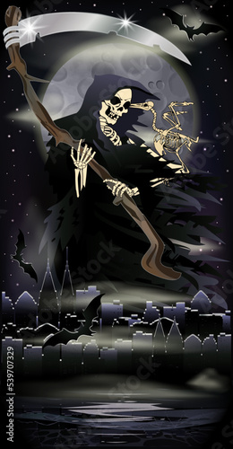 Grim Reaper with crow in city, halloween full moon  card vector illustration	