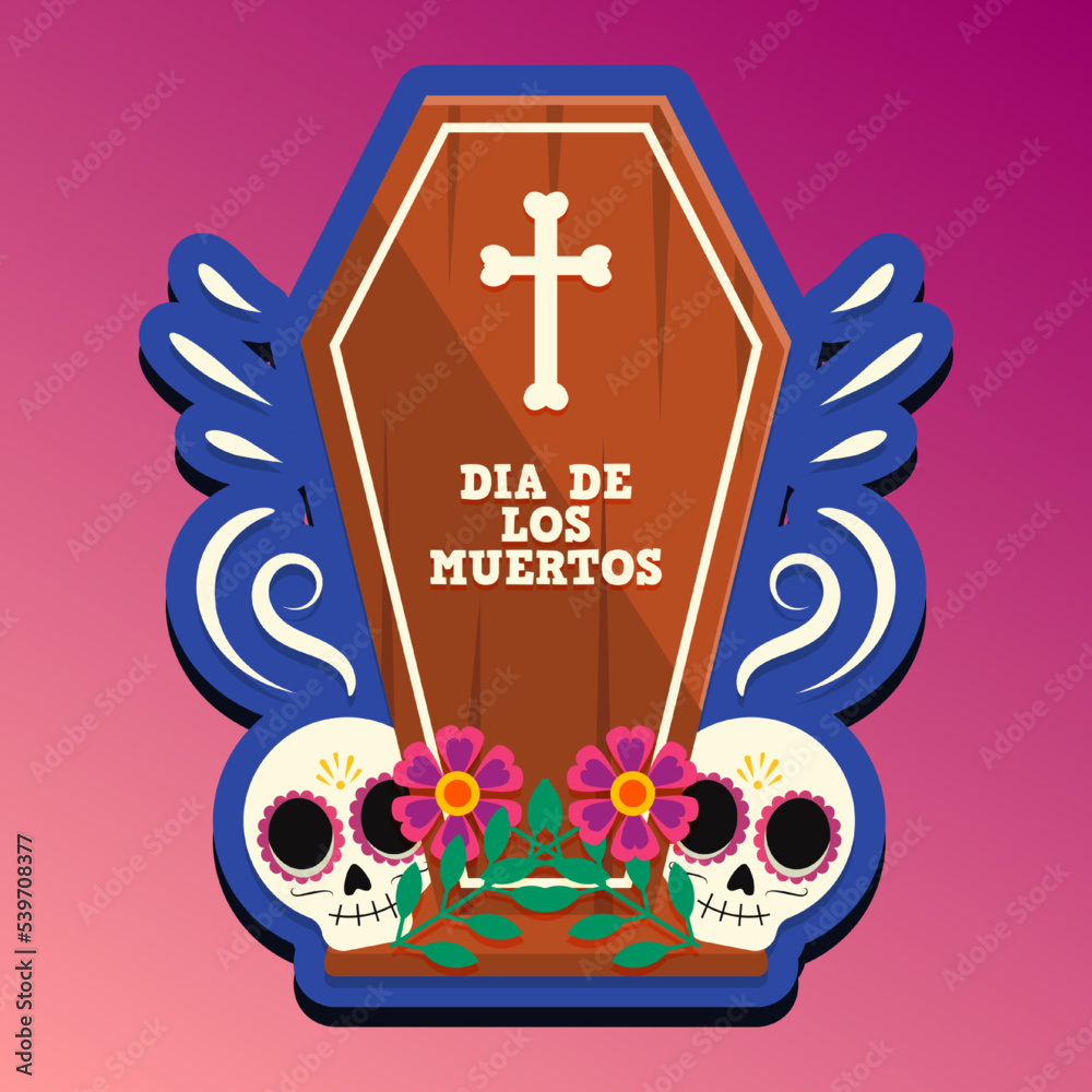 Dia de Los Muertos, Day of the Dead or Halloween greeting card, banner, invitation. Sugar tatoo skulls, marigold flowers, Catrina Calavera traditional mexico skeleton decoration Vector illustration.