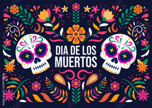 Dia de Los Muertos, Day of the Dead or Halloween greeting card, banner, invitation. Sugar tatoo skulls, marigold flowers, Catrina Calavera traditional mexico skeleton decoration Vector illustration.