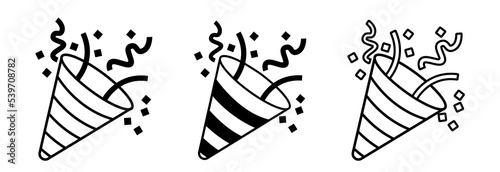 Party popper icons with ribbon and confetti.Congratulate and celebrate elements.Confetti logo.Vector party poppers set.Exploding cracker icon.