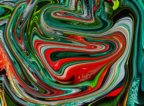 Background in fluid red, green and turquoise colors reminiscent of crocodile texture. Liquid abstract background wallpaper like crocodile skin and texture.